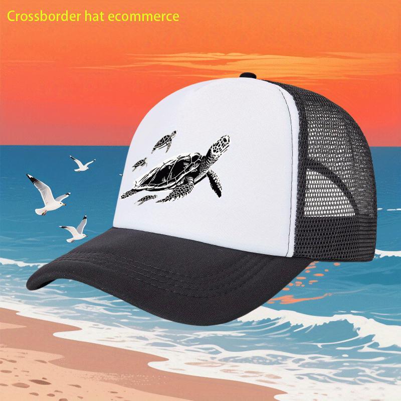 Sea Turtle Print Mesh Trucker Hat Unisex Polyester Breathable Adjustable Casual Beach Cap