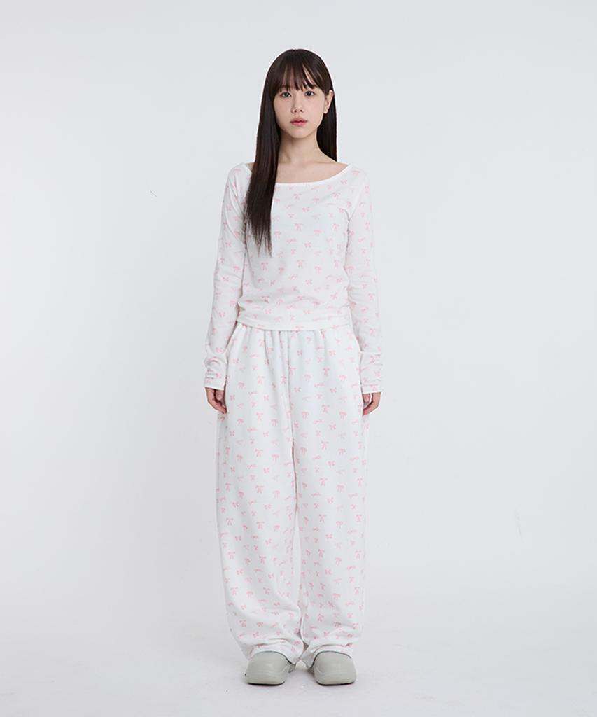 ESCAPEFROM Pink Ribbon Full Print Sweatpants Ivory