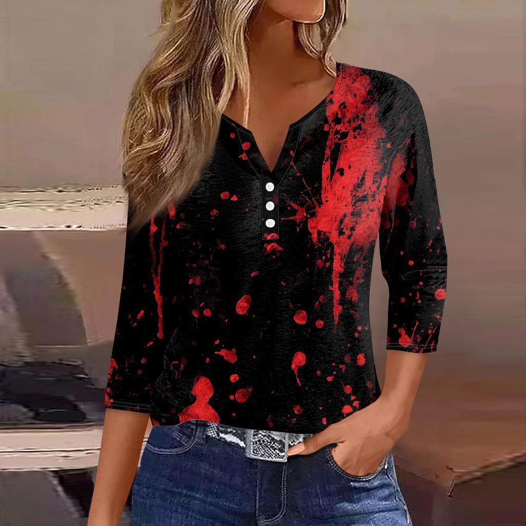 Women's Fashion Casual Halloween Printed V.Neck Short Sleeve Decorative Button Three.quarter Sleeve T-shirt Tor