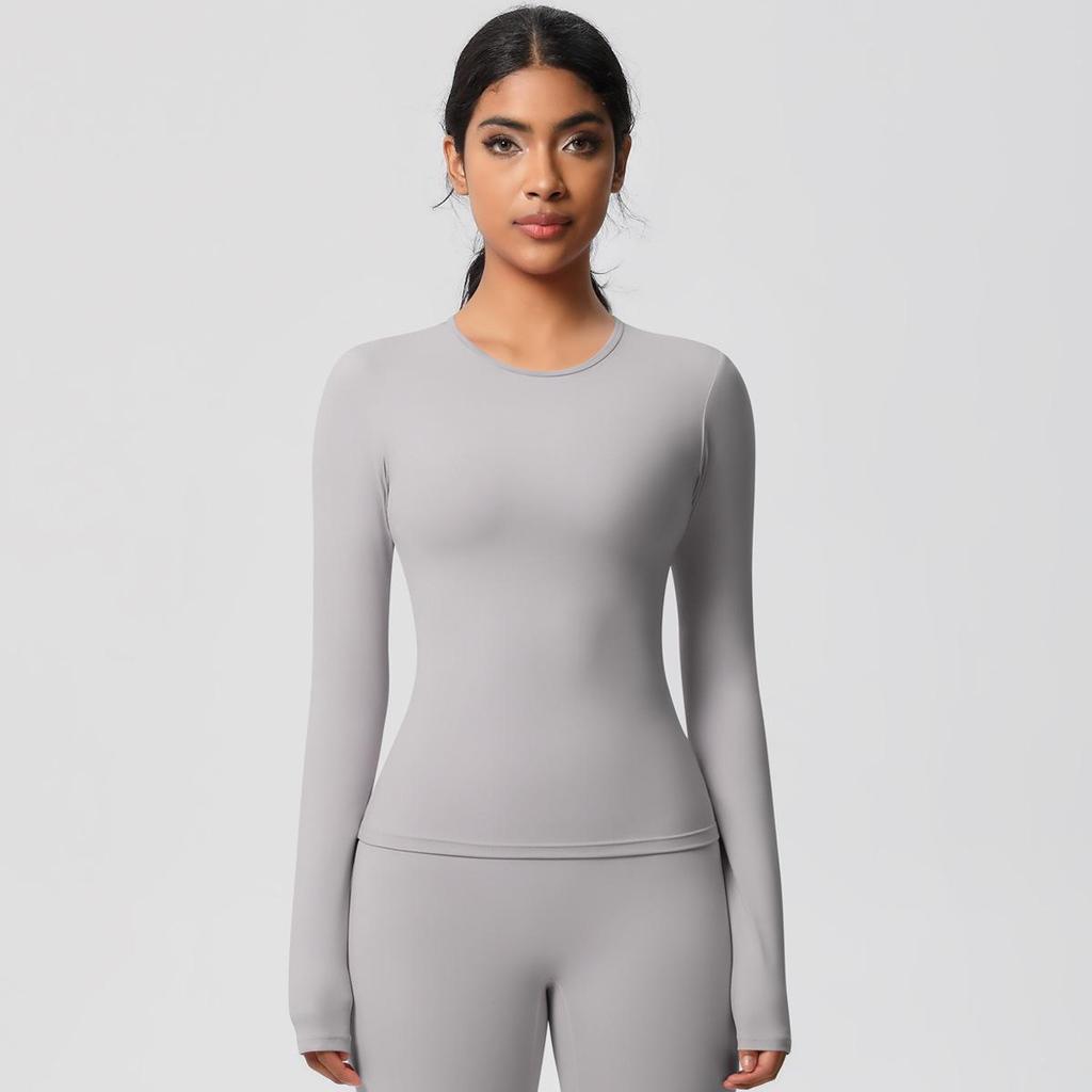 European-American Slim Fit Long Sleeve Yoga Top - Nude, Brushed Feel, Round Neck, High-Intensity Running & Fitness Wear