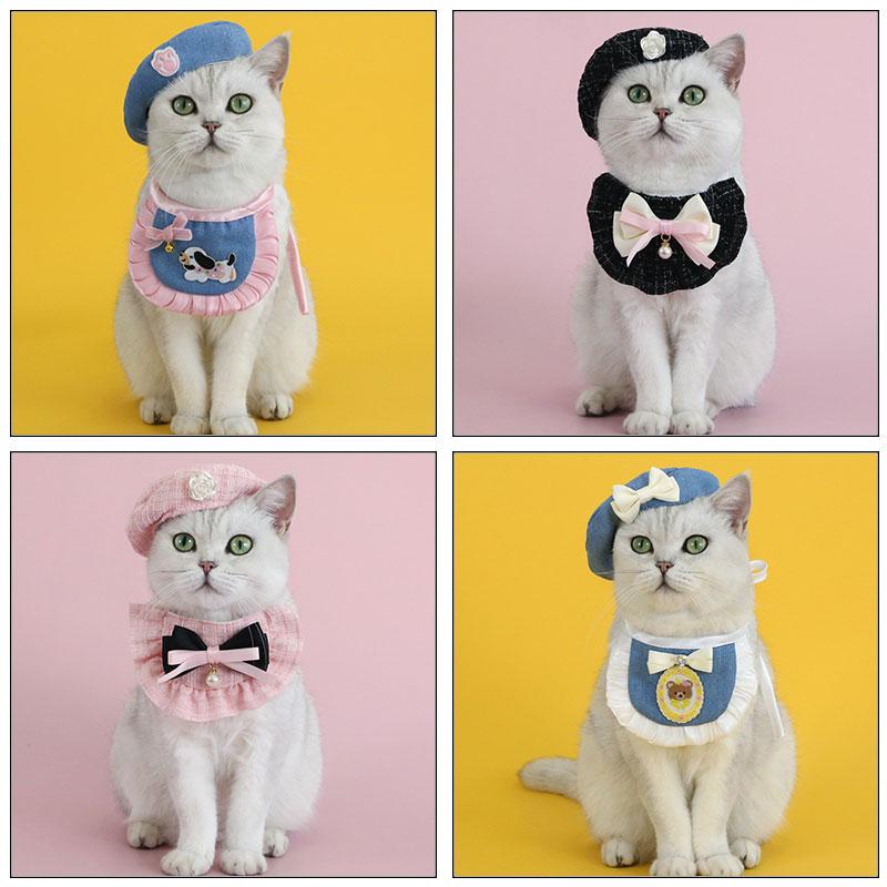 Cat Beret Suit Adjustable Flower Cat Dog Pearl Bow Bib Woven Pet Saliva Towel Wedding Party Bowknot Embroidery Princess Suit
