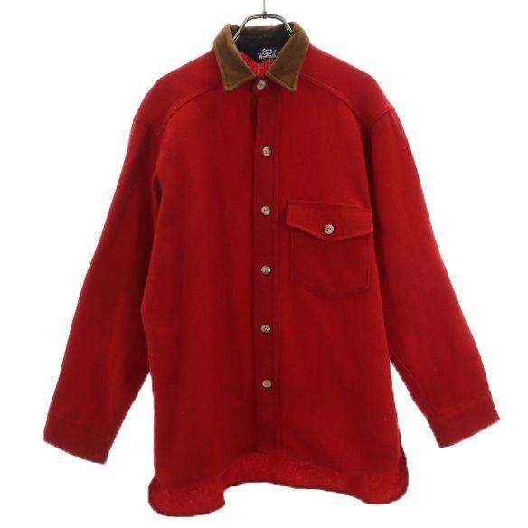 Woolrich 80s Made In USA Wool Long Sleeve Shirt Red Elbow Patch Men's Used