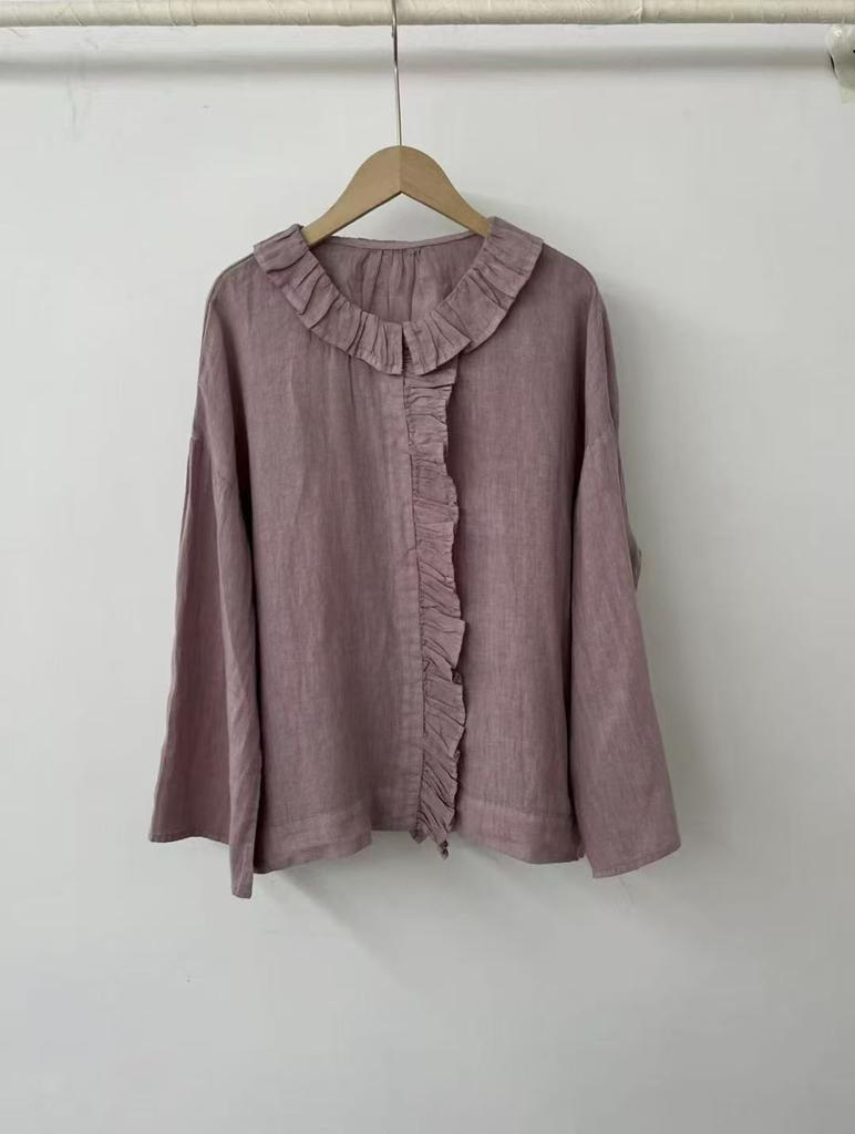 1116 Autumn New Women's Lotus Leaf Collar Top Cardigan ins Linen Long Sleeve Shirt Loose Shirt Niche