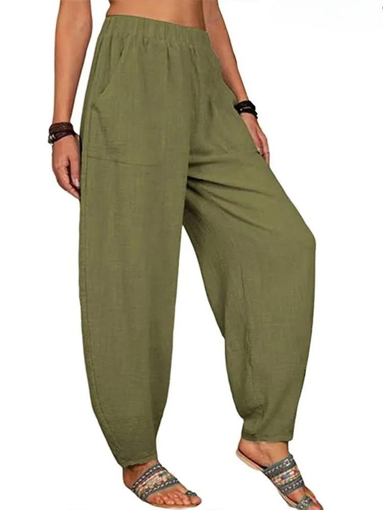 Summer Casual Women's Cotton Linen Elastic Waist Wide Leg Retro Harem Pants Large Size Home Pants