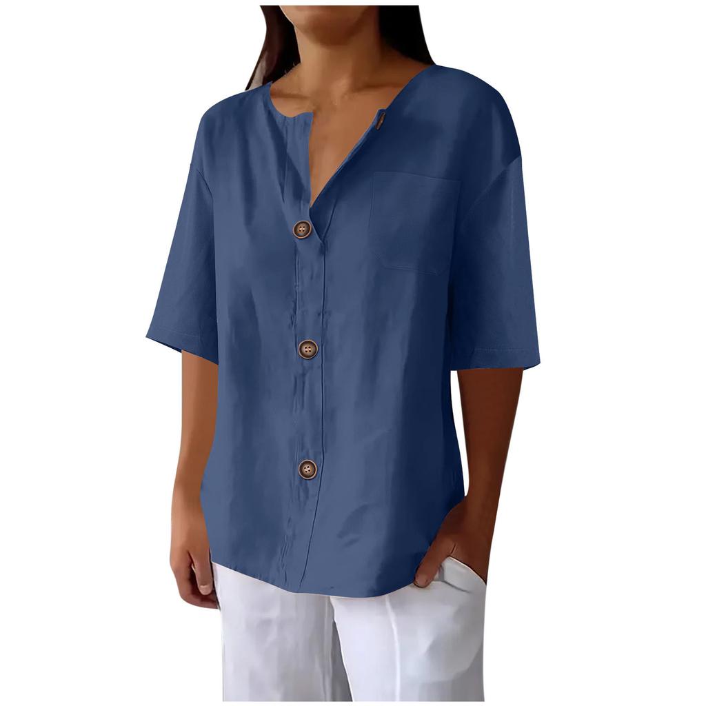 Summer Loose T-shirt Women's V-neck Cotton and Linen Button Top