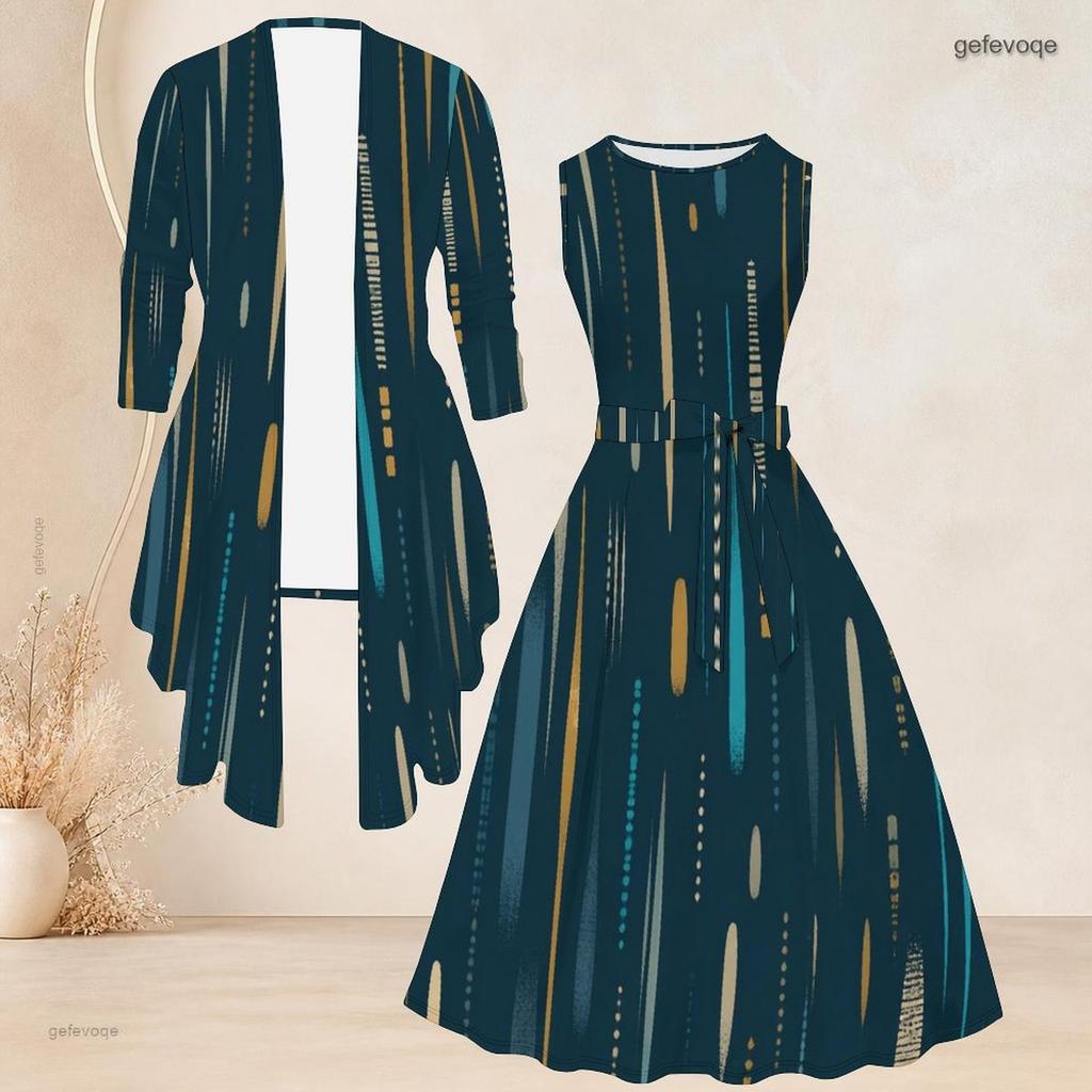 Women Plus Size Printed Two Piece Set Sleeveless Tie Waist Flared Dress 3 4 Sleeve Open Cardigan