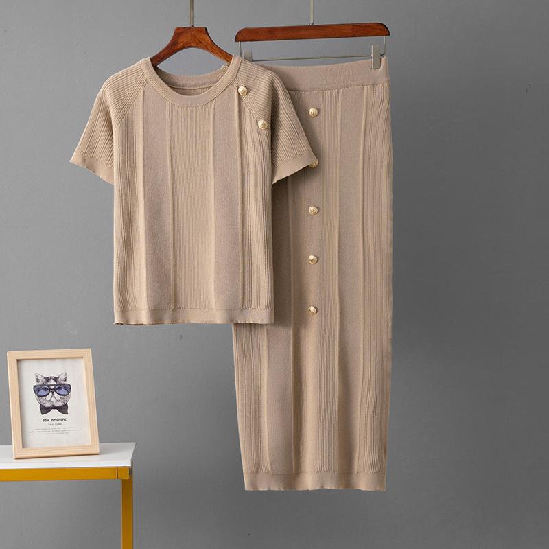 2025 Summer Short-sleeved Versatile Short Knitted T-shirt Top + Half-body Medium and Long Skirt Set