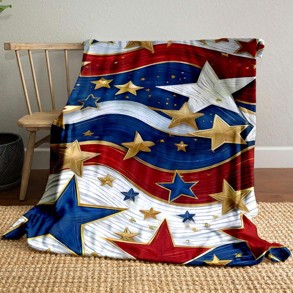 Patriotic Stars and Stripes Design Patterned Blanket, Flannel, Suitable for All Seasons, Home Decor, Warm and Cozy