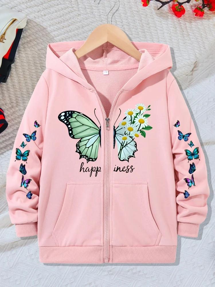 Girls Zip Up Hooded Jacket Green Butterfly Daisy Happiness Letter Print Long Sleeve Casual Kids Hoodie For Daily Outdoor Outfit