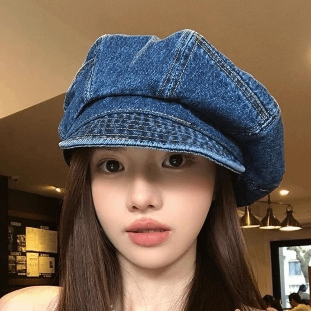 Cloud Octagonal Cap Vintage Peaked Hat Korean Washed Denim Beret  Women