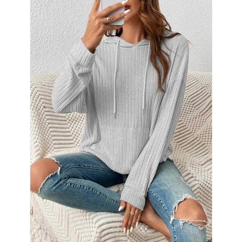 Autumn Women s Knitted Sweater Hooded Pit Strip Kangaroo Pocket Sweatshirt S
