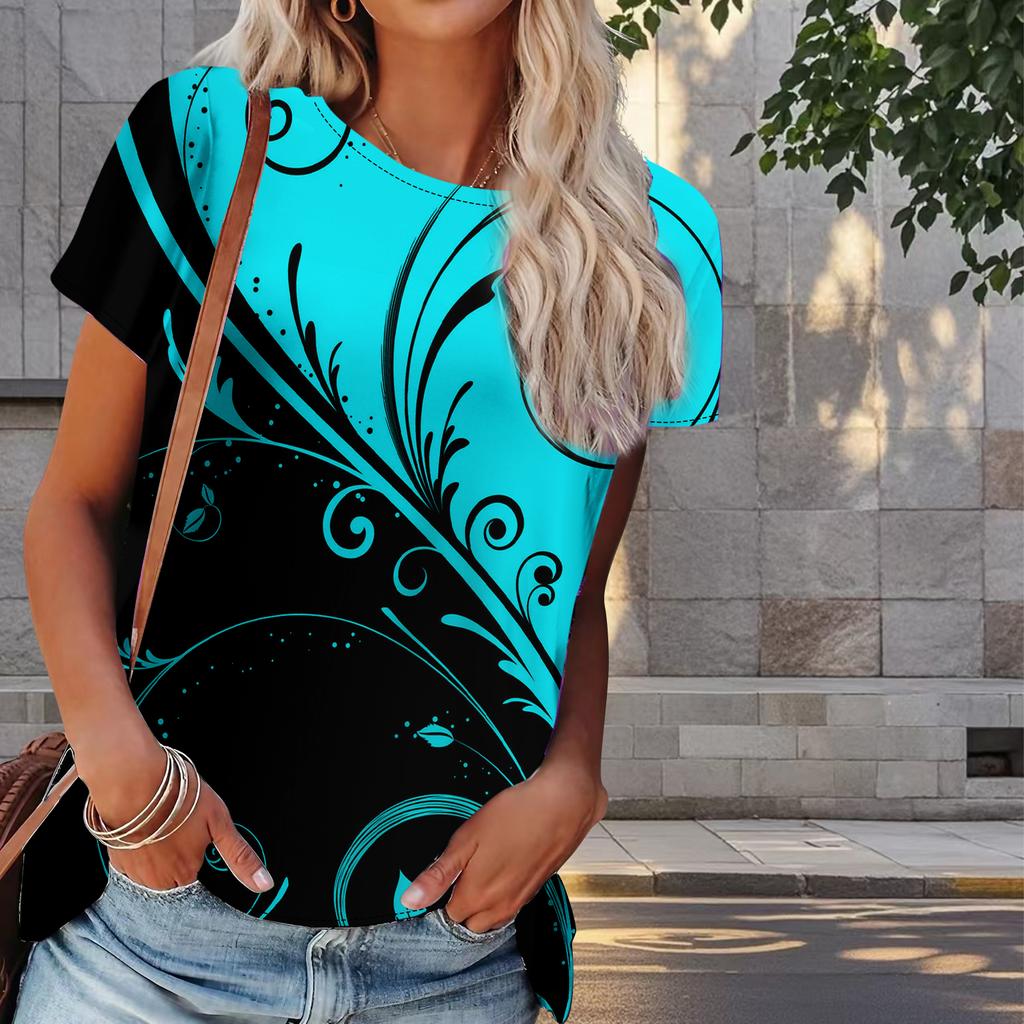 Camiseta feminina de verão com estampa de folhas, retrô, moda, manga curta, casual, estampada