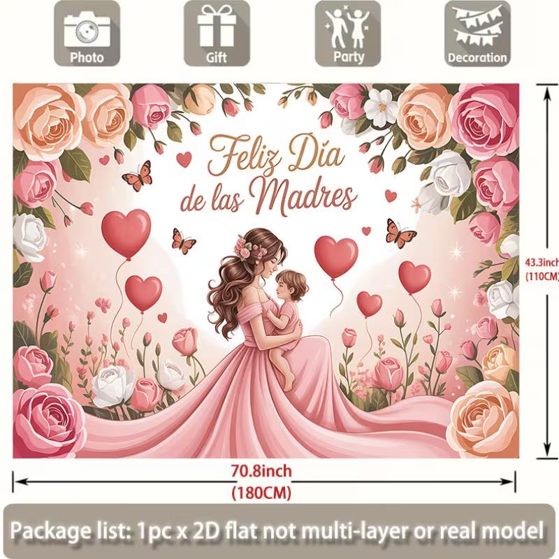 2D Pink Rose Mother's Day Backdrop, Latinx Mother's Day & Party Decoration