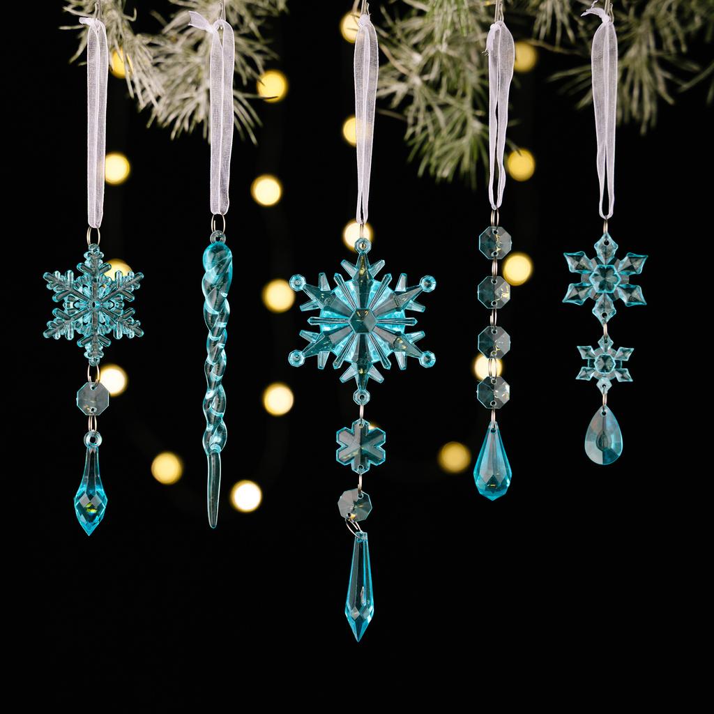 5Pcs Christmas Decoration Supplies Acrylic Transparent Pendant Simulation Snowflake Ice Bar Pendant Christmas Tree Ice Edge Pendant