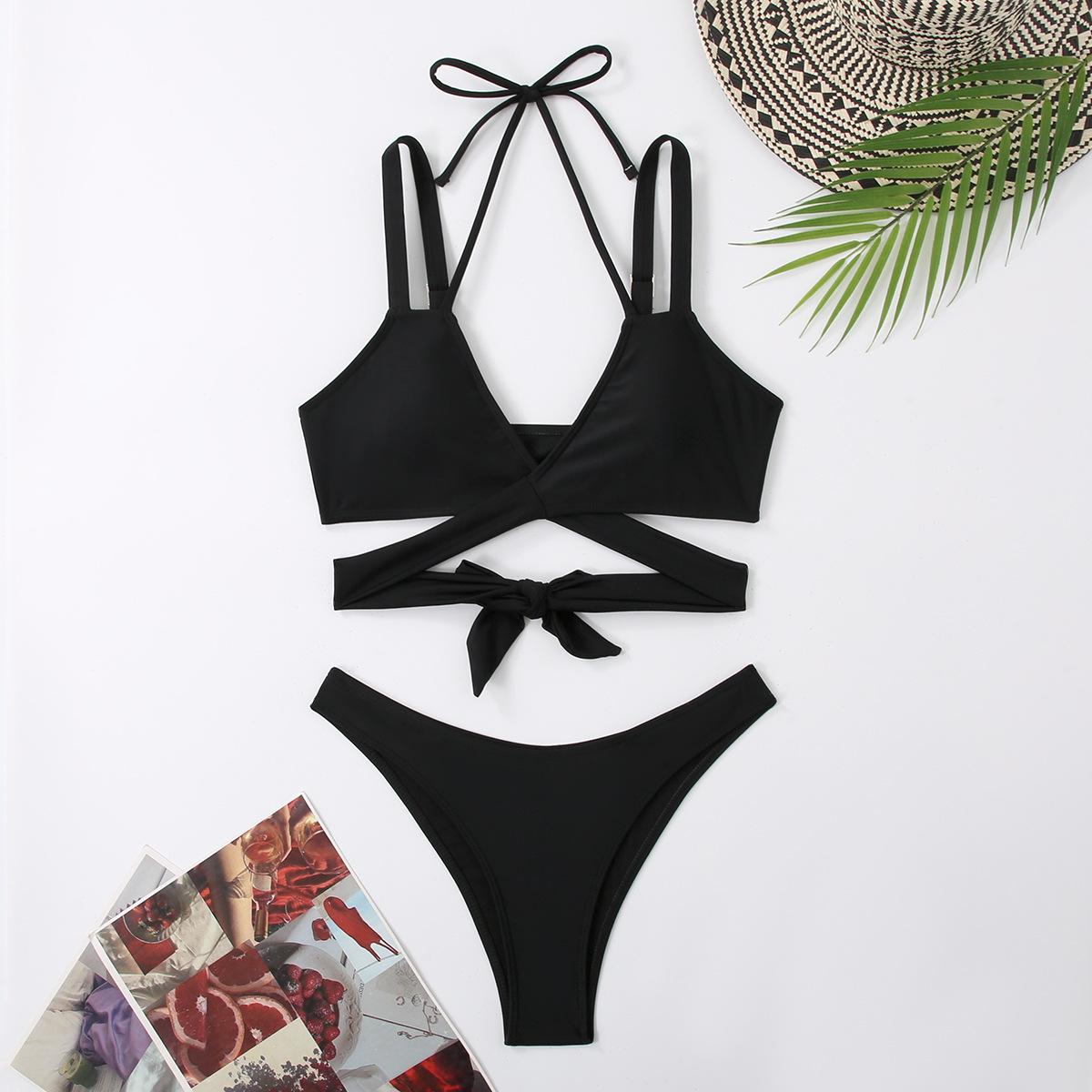 

2025 European & American Style Solid Color Double-Tie Bikini Swimsuit Small червоний