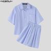 INCERUN Two Piece Suit Men Striped Short Sleeve Shirts Shorts Casual Outfits Sets