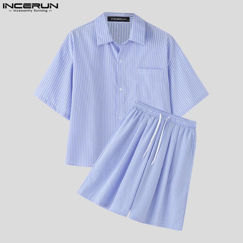 INCERUN Two Piece Suit Men Striped Short Sleeve Shirts Shorts Casual Outfits Sets