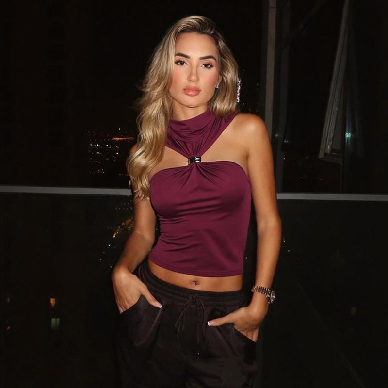 European and American style spring new women's clothing personalized metal decoration sleeveless neck hanging sexy slim vest top women