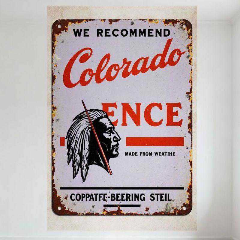 Vintage kovový znak Colorado Native American Profile WE RECOMMEND Rustikální zvětralá plechová cedule pro Bar Domácí dekorace na zeď, 8x12 palců Me
