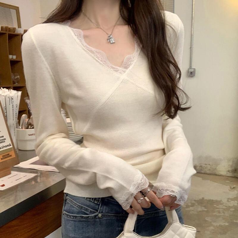 WASSUP AMAZING Women's V-Neck Lace-Trimmed Long Sleeve Knit Top