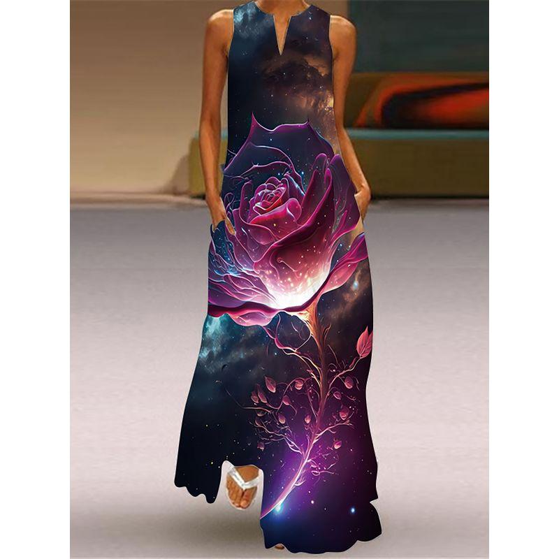 V Neck Sleeveless Dress 3D Print Fashion Elegant Pocket Dress Stage Show Travel Photography Beach Dress
