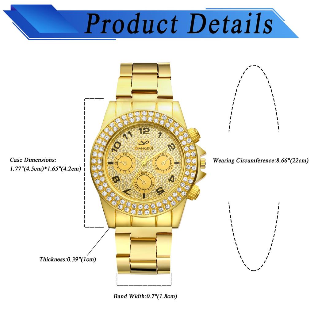 Ceas Auriu cu Diamante cu Oțel Inoxidabil Elegant Analogic Rezistent la Apă Cuarț Accesoriu de Modă Perfect pentru sau ca Cadou pentru Iubit Afișaj Brățară pentru Bărbați,