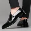 Men's Business Casual Double Buckle Pointed Toe Leather Monk Shoes - Shiny English Style Formal Footwear.