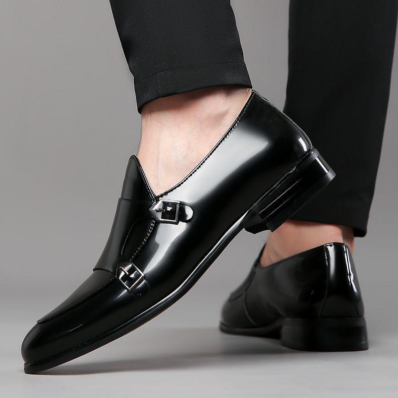 Men's Business Casual Double Buckle Pointed Toe Leather Monk Shoes - Shiny English Style Formal Footwear.