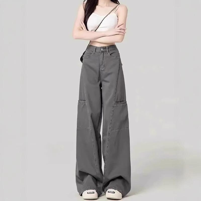

Cement Gray Women s Wide-Leg High-Waisted Floor-Length Cargo Jeans - 2025 Spring/Autumn Retro Style Large світло-сірий колір