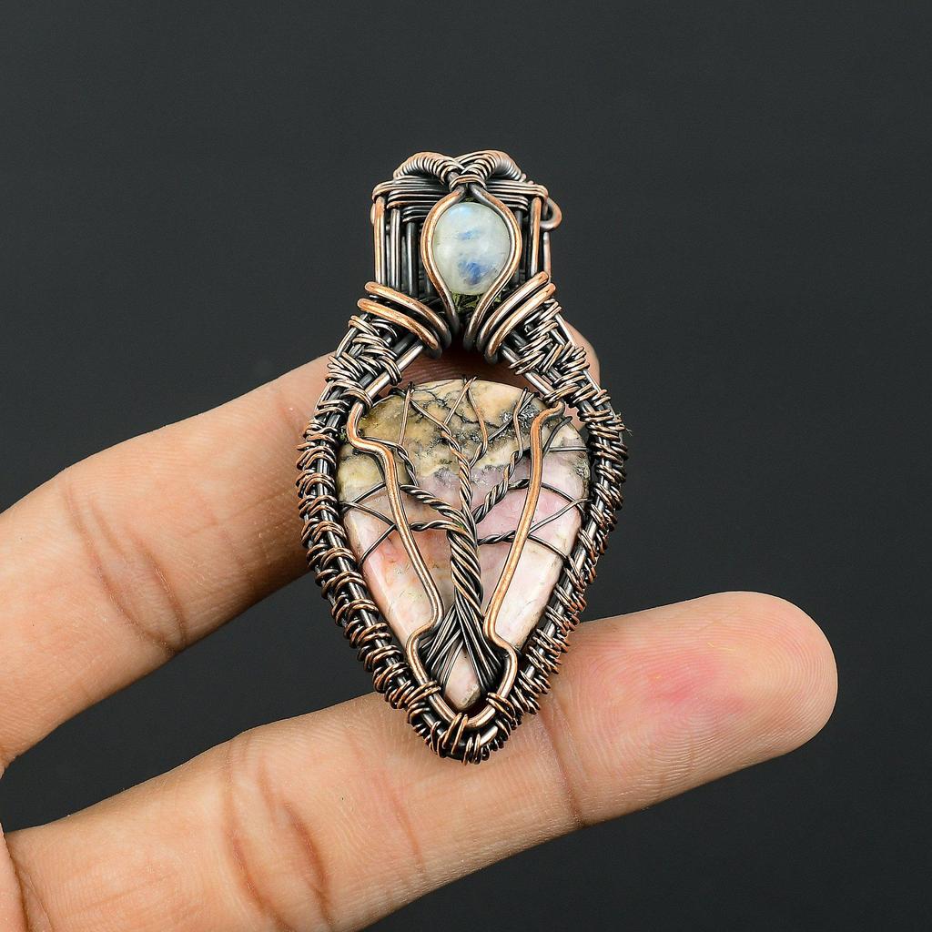 Crzay Lace Agate & Rainbow Moonstone 999 Copper Wire Wrapped Pendant Handmade Gemstone Jewelry, Gifts For Wife Brand New Pendant
