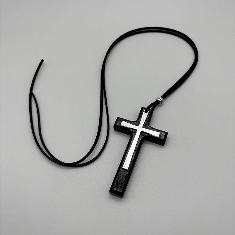 Vintage Retro Alloy Wood Cross Pendant Unisex Sweater Chain Necklace