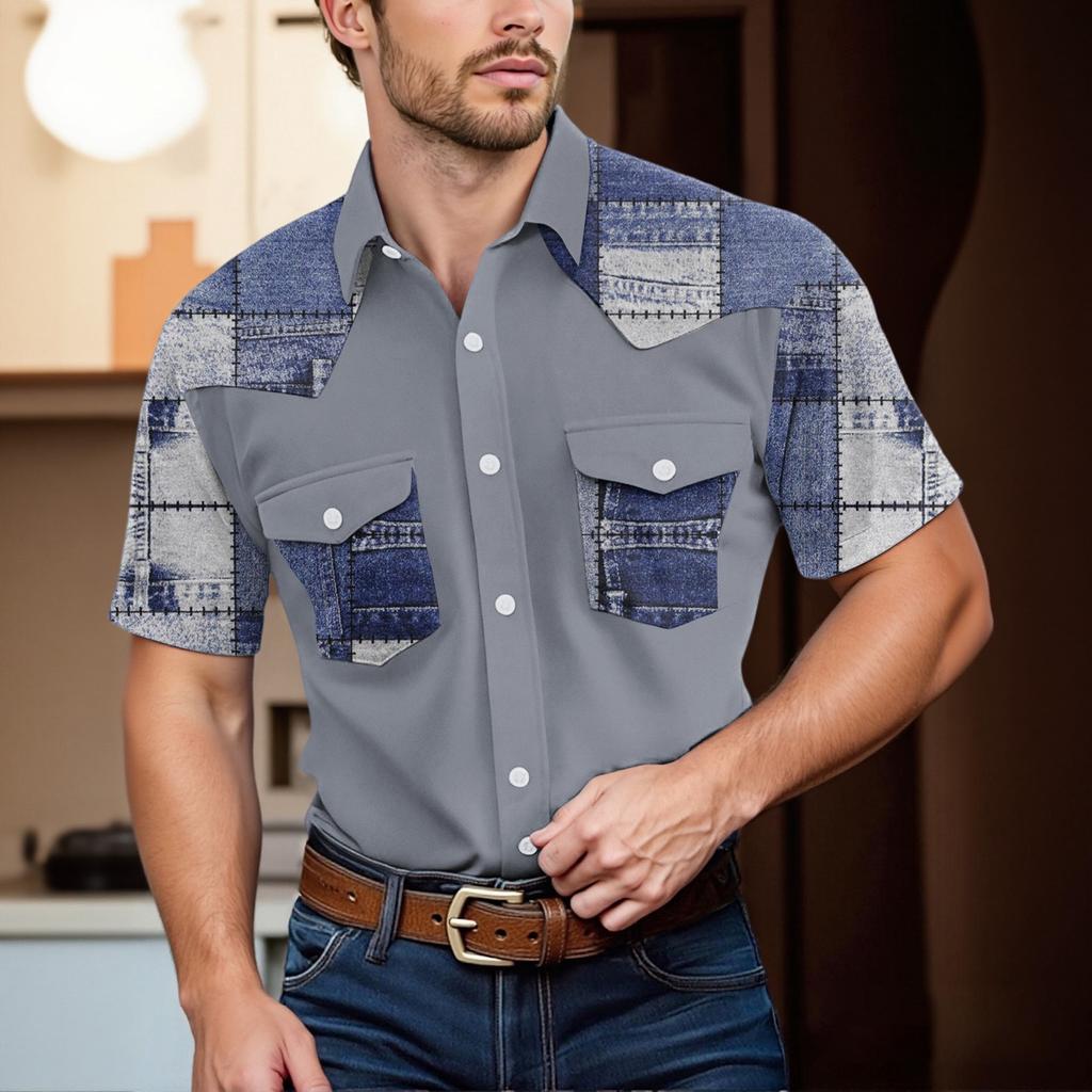 Pánské módní s klopou a krátkým rukávem ležérní top délky po ramena