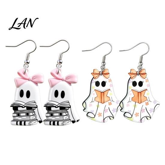 Comfortable Daily Earrings Cute Reading Ghost Earrings, Sweet Bowknot Drop Lightweight Acrylic Halloween Jewelry for Women Girls Dangle