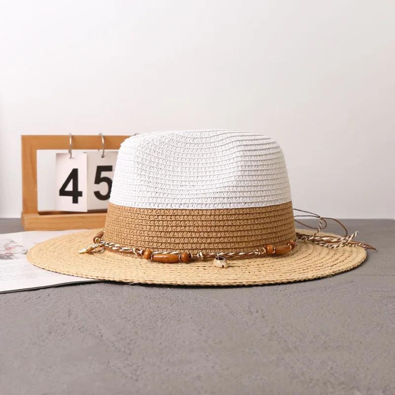 New Summer Beach Raffia Spliced Ethnic Style Woven Tape Sunshade Straw Hat Womens Wide Brim Jazz Holiday Uv Protection Sun Hats