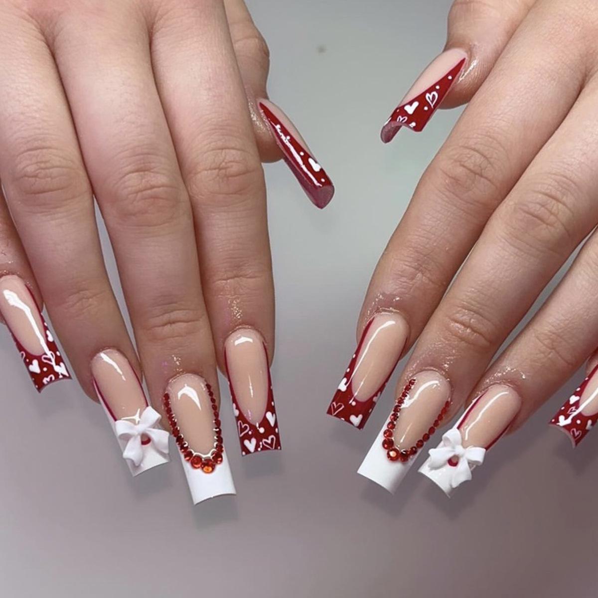 

Valentine s Day Heart Bow Rhinestone Detachable Red & White French Tip Nails