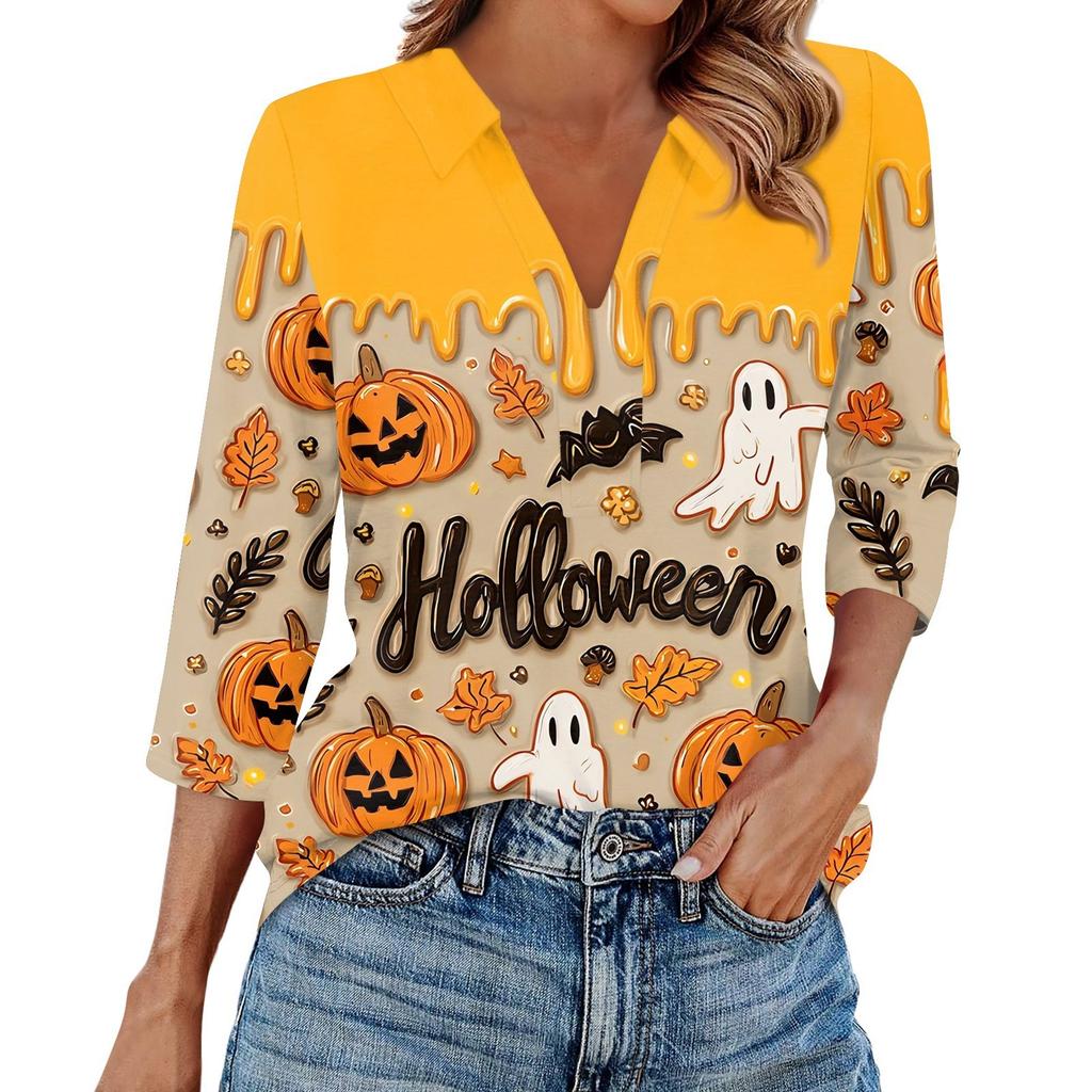 Mote dame casual jakkeslag 3/4 erme Halloween-trykk skjorte dame V-hals topper
