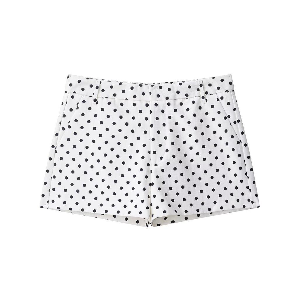 European American Women's Fashion Polka Dot Bubble Sleeve Jacket + Mini Shorts Set