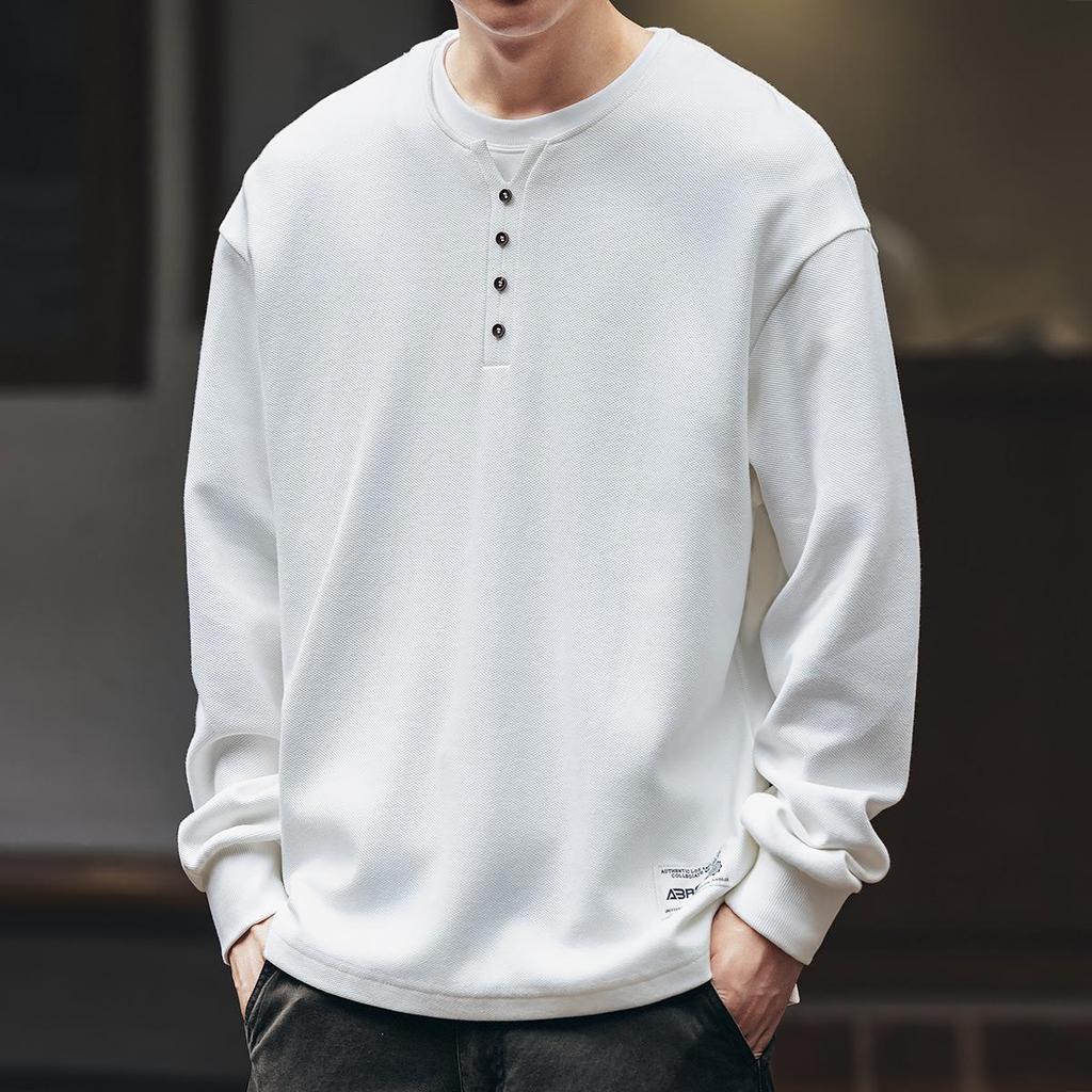 Premium Retro American Henley Collar Long Sleeve Men's Hoodie - Autumn Plus Velvet, Loose Fit High-Grade Pure Cotton POLO Shirt