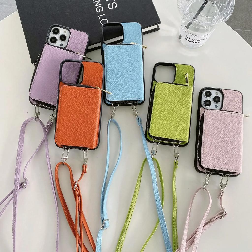 Crossbody Lanyard Zipper Wallet Phone Case for IPhone 15 14 Plus 13 12 Mini 11 Pro XS Max X  Card Slot Holder Soft Leather Cover