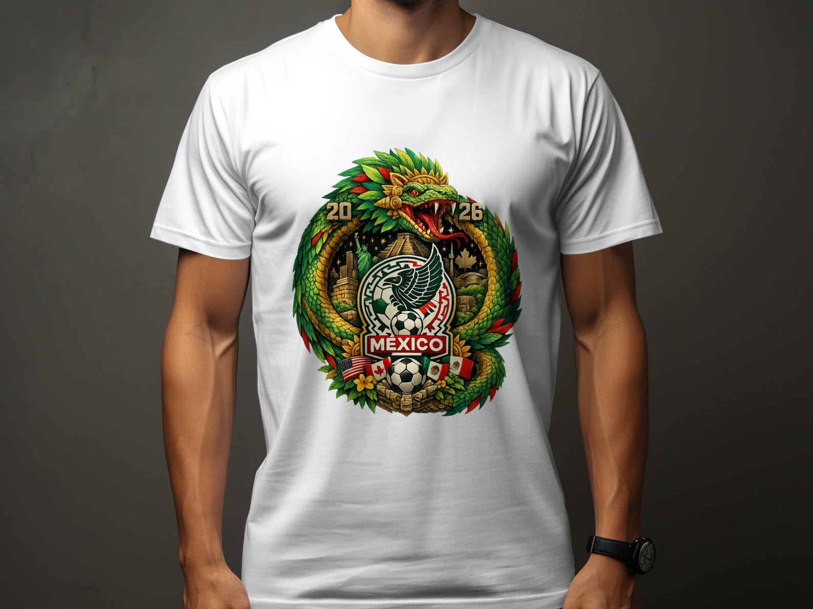 Mexico 2026 Quetzalcoatl Football T-Shirt, Soccer Fan Apparel, Vibrant Design S