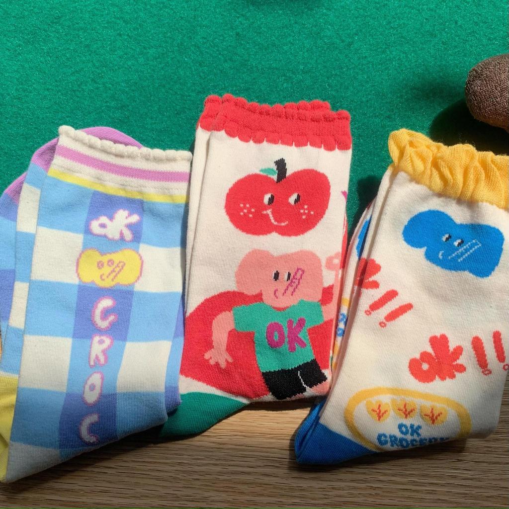 Socks Female Cute Baby Elephant Original Illustration Bubble Edge Cotton Socks Cartoon Print Personality Medium Stockings
