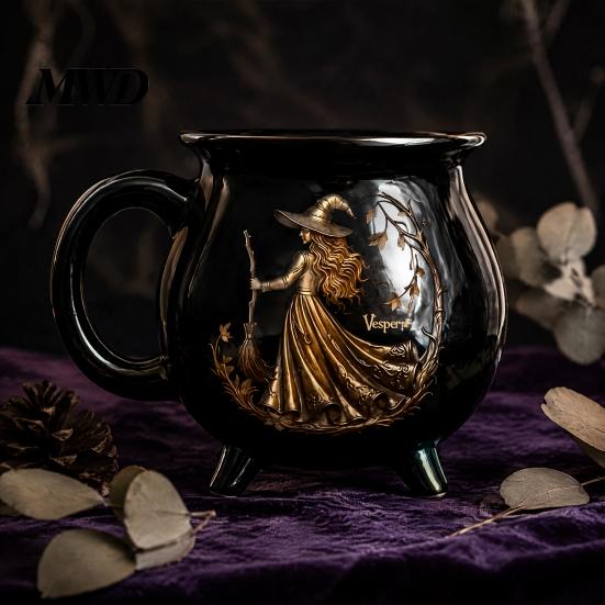 Decorazione Casa Magica Stregoneria Tazza Caldaia Strega di Halloween, 350ml Pentola Magica Vintage Gotica a 3 Gambe, Barattolo Contenitore da Scrivania per Ufficio Gatto Nero Ceramica
