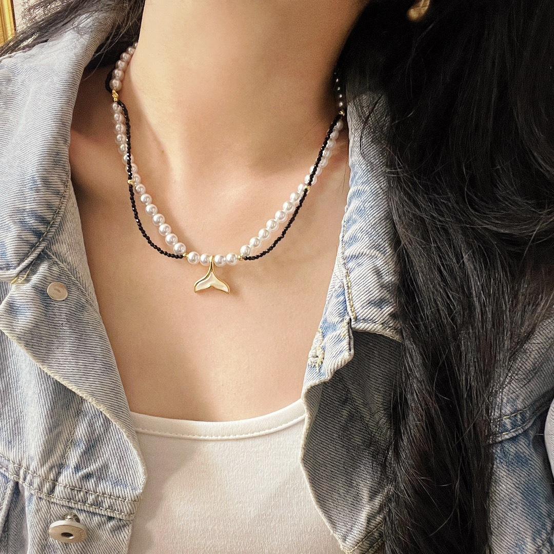 High-Gloss Cold White High-Quality Artificial Crystal Pearl Black Spinel Collarbone Chain Necklace