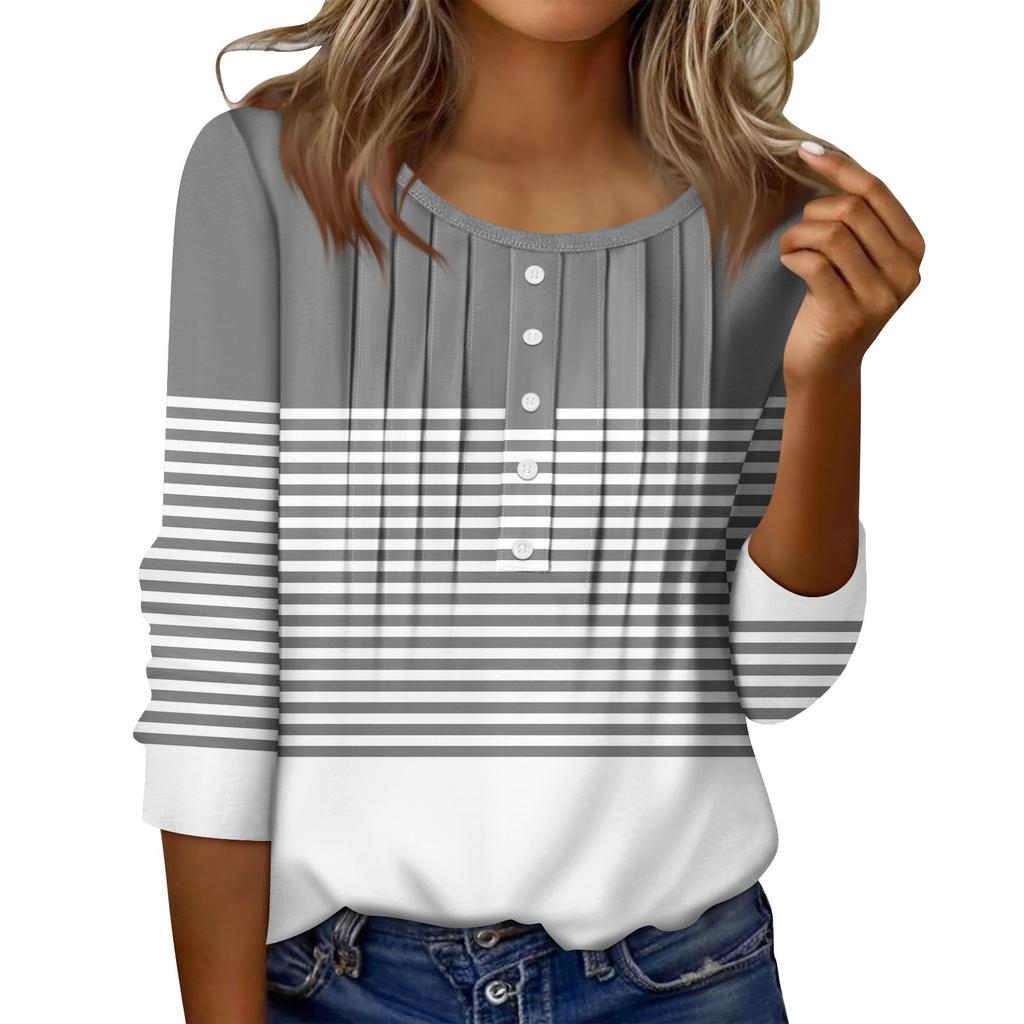 Women's Round Neck Pull Stripe Decorative Button Top Casual Solid Color 3/4 Sleeve T Shirt