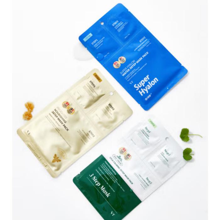 

VT 3-Step Mask Pack Value Set – Progloss Nourishing / Cica Calming / Super Hyalon Water (5 Sheets Each) 15sheets