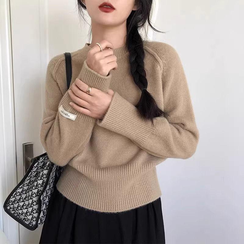 New Korean Chic Round Neck Loose Sweater Women Winter Solid Bottoming Shirt Knitted Tops Simple Design Casual Pullover
