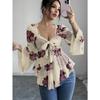 Fashion Square Collar Sweet Flower Printed Women Blouse Blending Tie Long Sleeved Shirt Ladies Loose Irregular Tops Elegant Slim Fit Casual Clothing