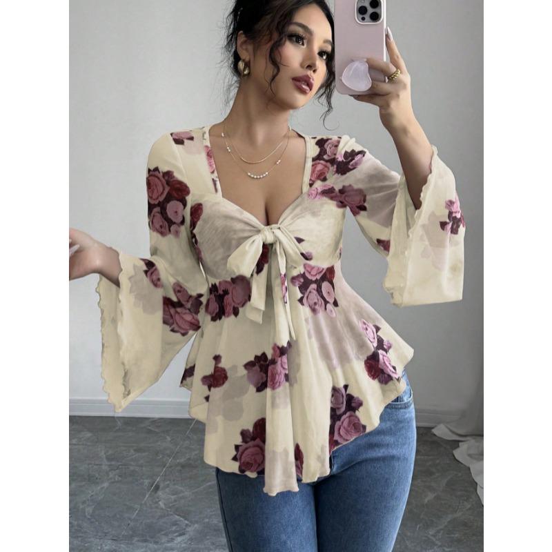 Fashion Square Collar Sweet Flower Printed Women Blouse Blending Tie Long Sleeved Shirt Ladies Loose Irregular Tops Elegant Slim Fit Casual Clothing
