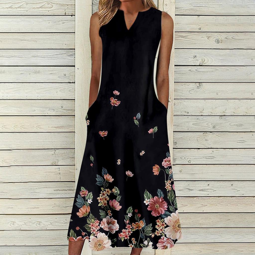 Women's Summer Casual Fashion Printed Sleeveless V-Neck Pocket Dress