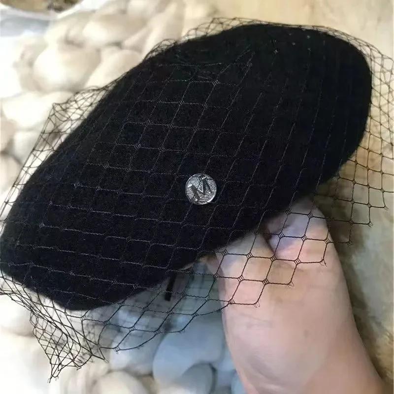 

Fascinating Mesh Veil Wool Beret Autumn Winter Warm Beanie Hat Vintage Felt Casual Painter Hats Female French Berets Caps byHapp 56-58cm чёрный